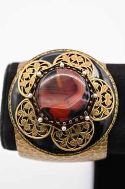 Ollipop Vintage Cabochon Cuff Bangle Bracelet Brass Flower Chunky Signed Bin8